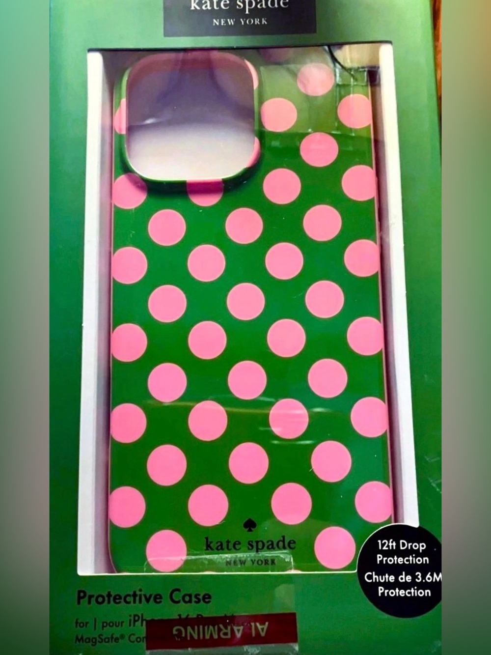 NEW KATE SPADE Green Case with Pink Polka Dots. 16 Pro Max.